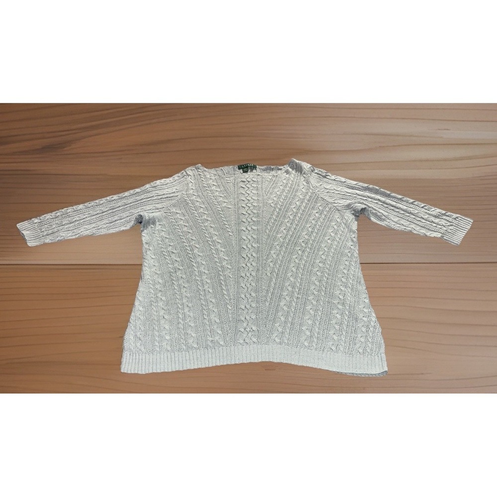 Lauren Ralph Lauren 100% Linen Sweater 1X Blue Cable Knit Pullover Vintage